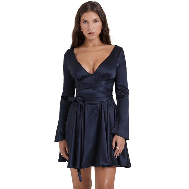Fashionable V-Neck Backless Dress with Waist Tie
