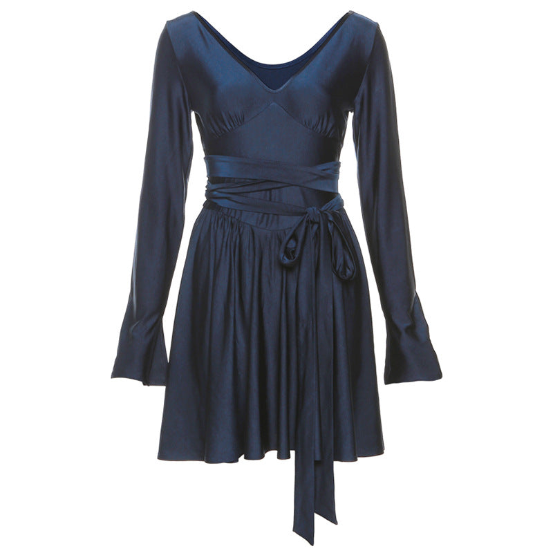 Fashionable V-Neck Backless Dress with Waist Tie