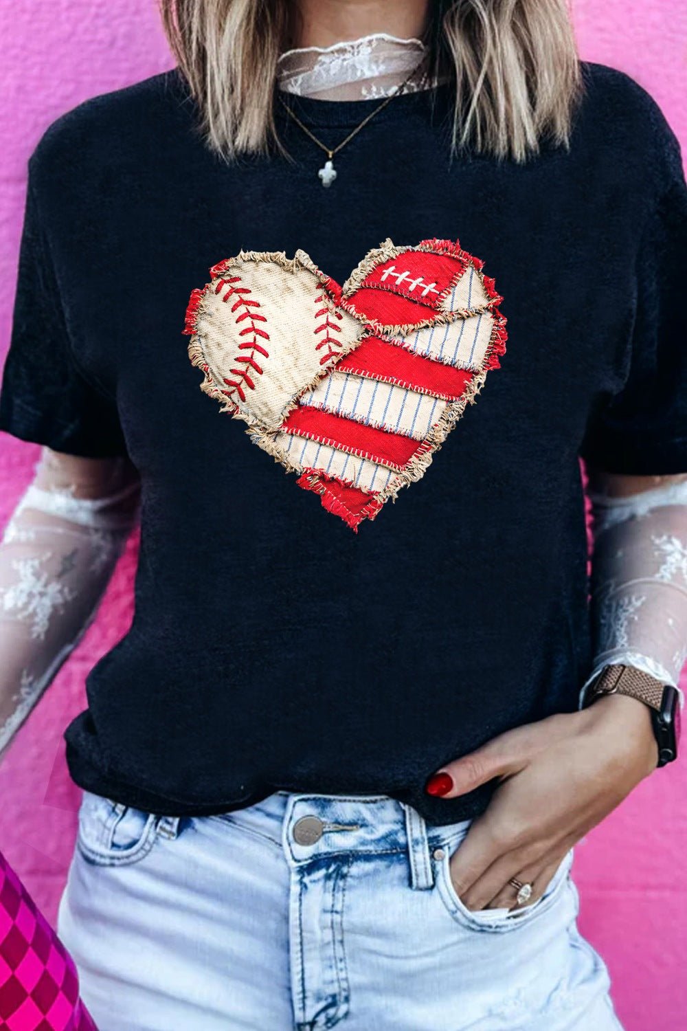 Baseball Distressed Heart Graphic Tee | Short Sleeve | Black - ShopNQlik