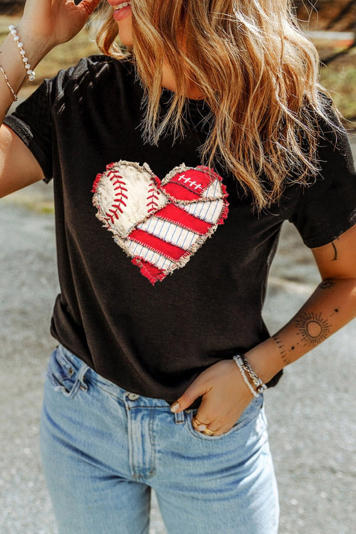 Baseball Distressed Heart Graphic Tee | Short Sleeve | Black - ShopNQlik