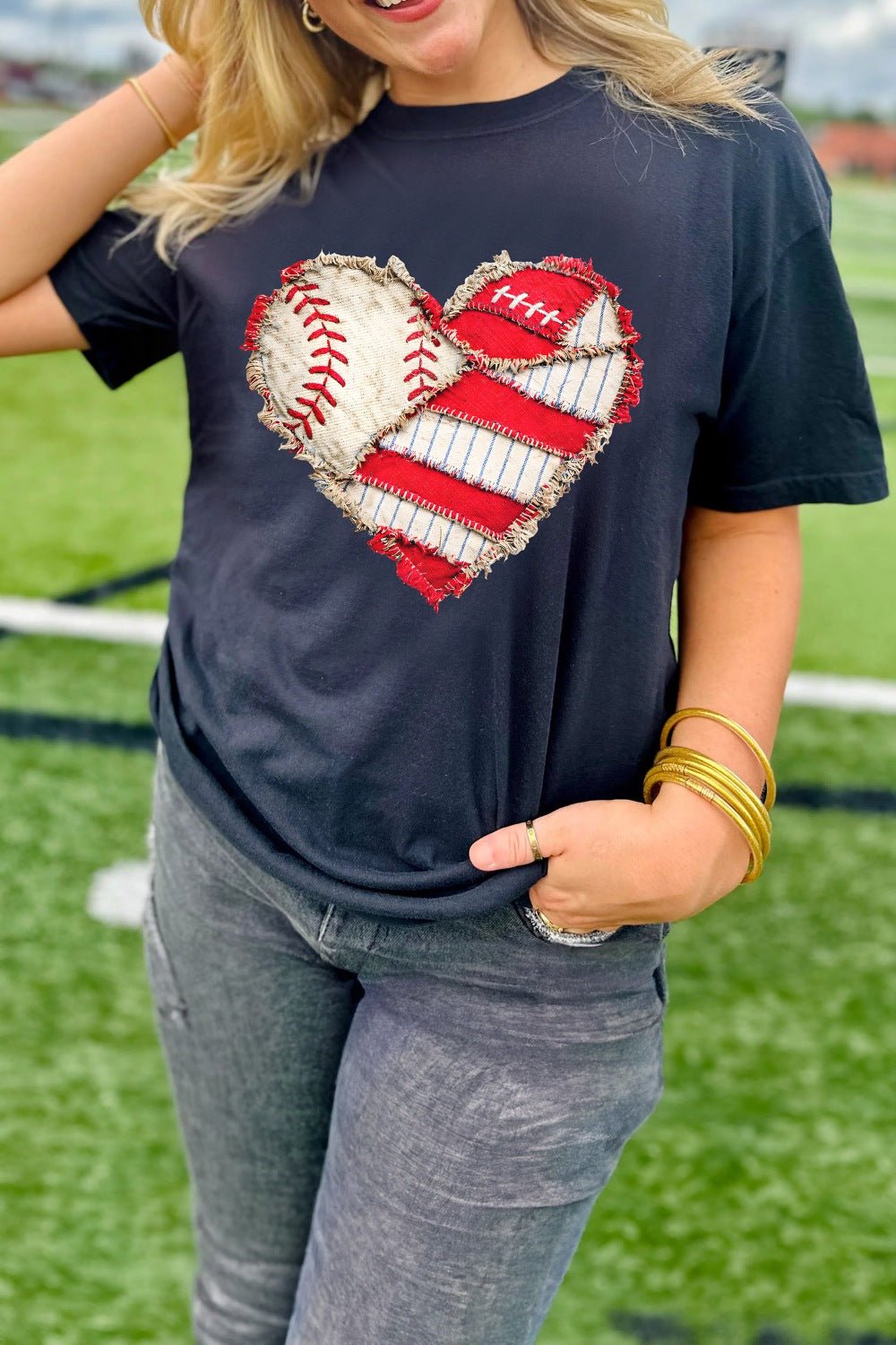 Baseball Distressed Heart Graphic Tee | Short Sleeve | Black - ShopNQlik