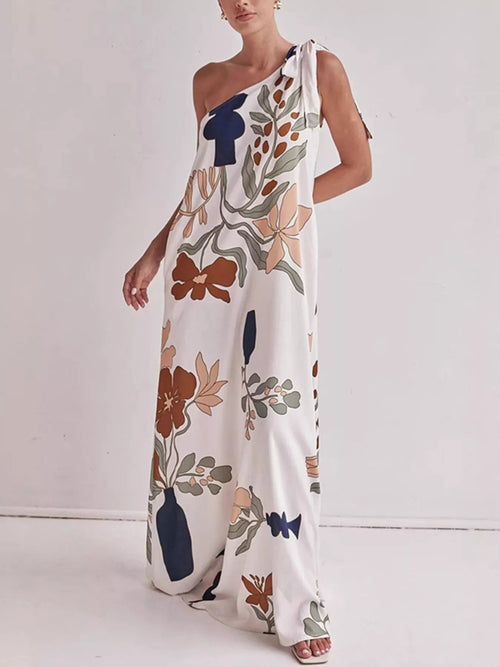 Bohemian Floral Print One-Shoulder Maxi Dress - ShopNQlik