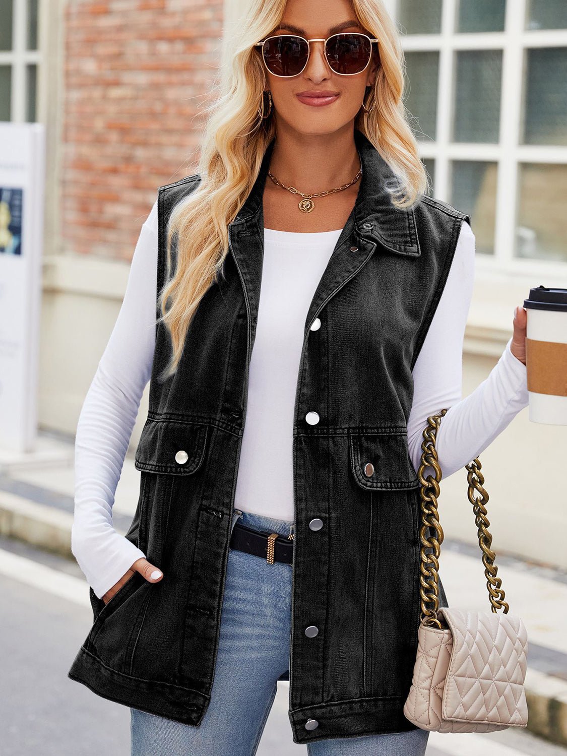 Button Up Collared Neck Denim Jacket with Pockets - ShopNQlik