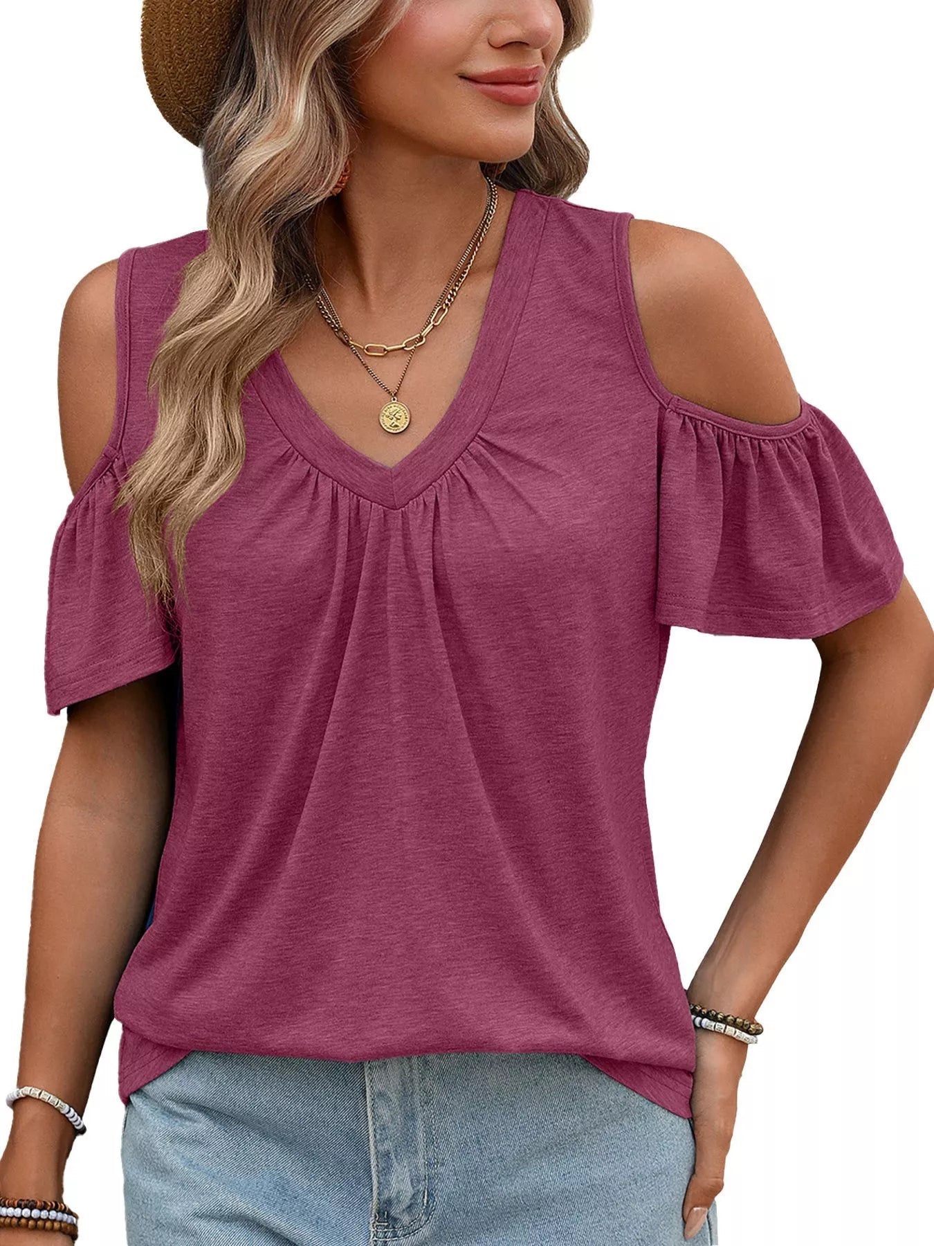 Cold Shoulder Ruched V-Neck Top | 7 Colours | S–2XL - ShopNQlik
