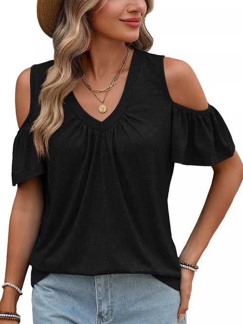 Cold Shoulder Ruched V-Neck Top | 7 Colours | S–2XL - ShopNQlik