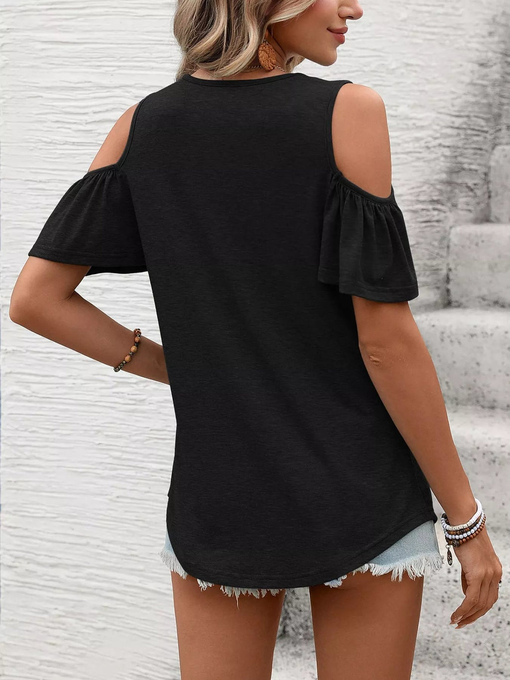 Cold Shoulder Ruched V-Neck Top | 7 Colours | S–2XL - ShopNQlik