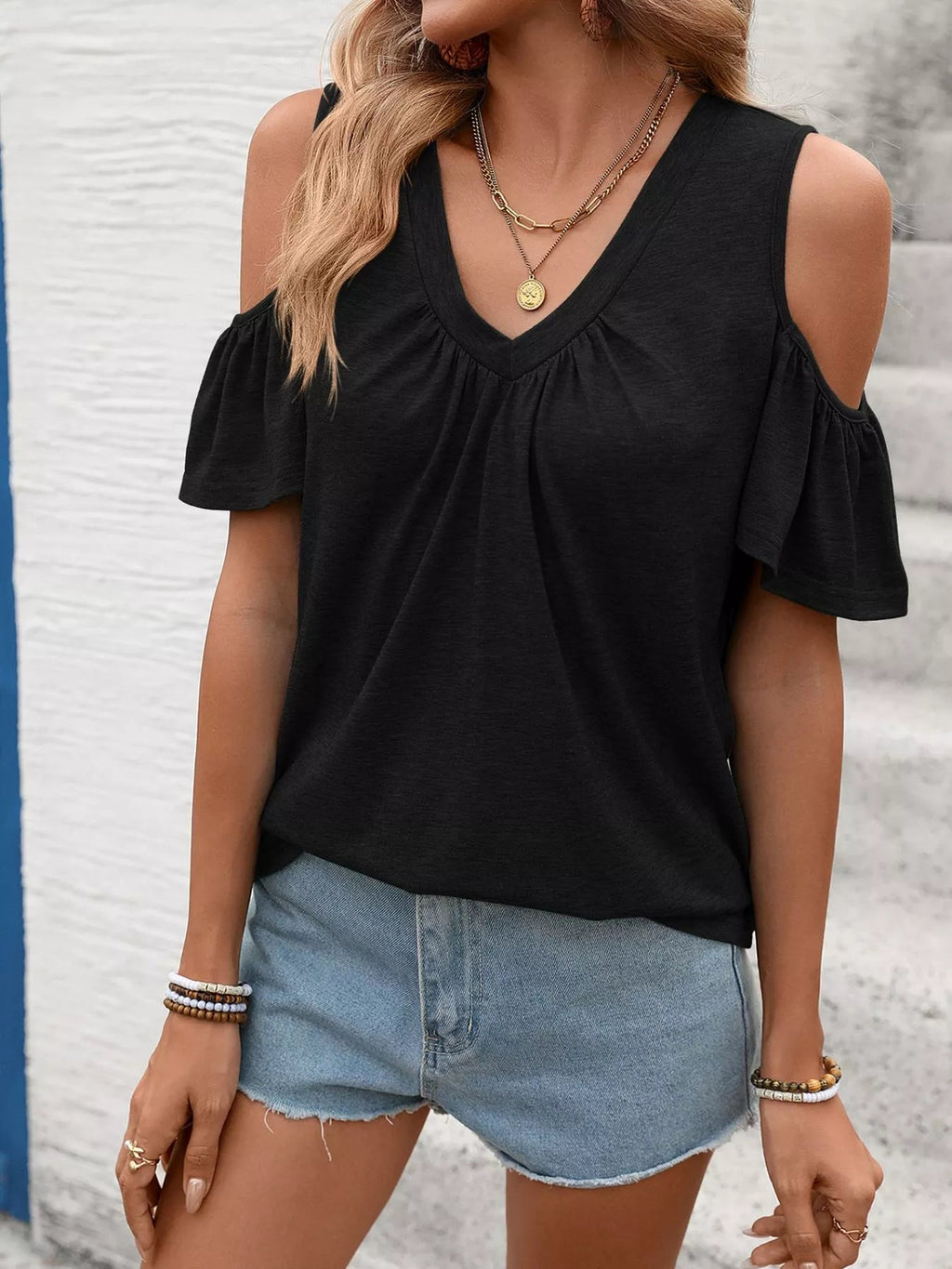 Cold Shoulder Ruched V-Neck Top | 7 Colours | S–2XL - ShopNQlik