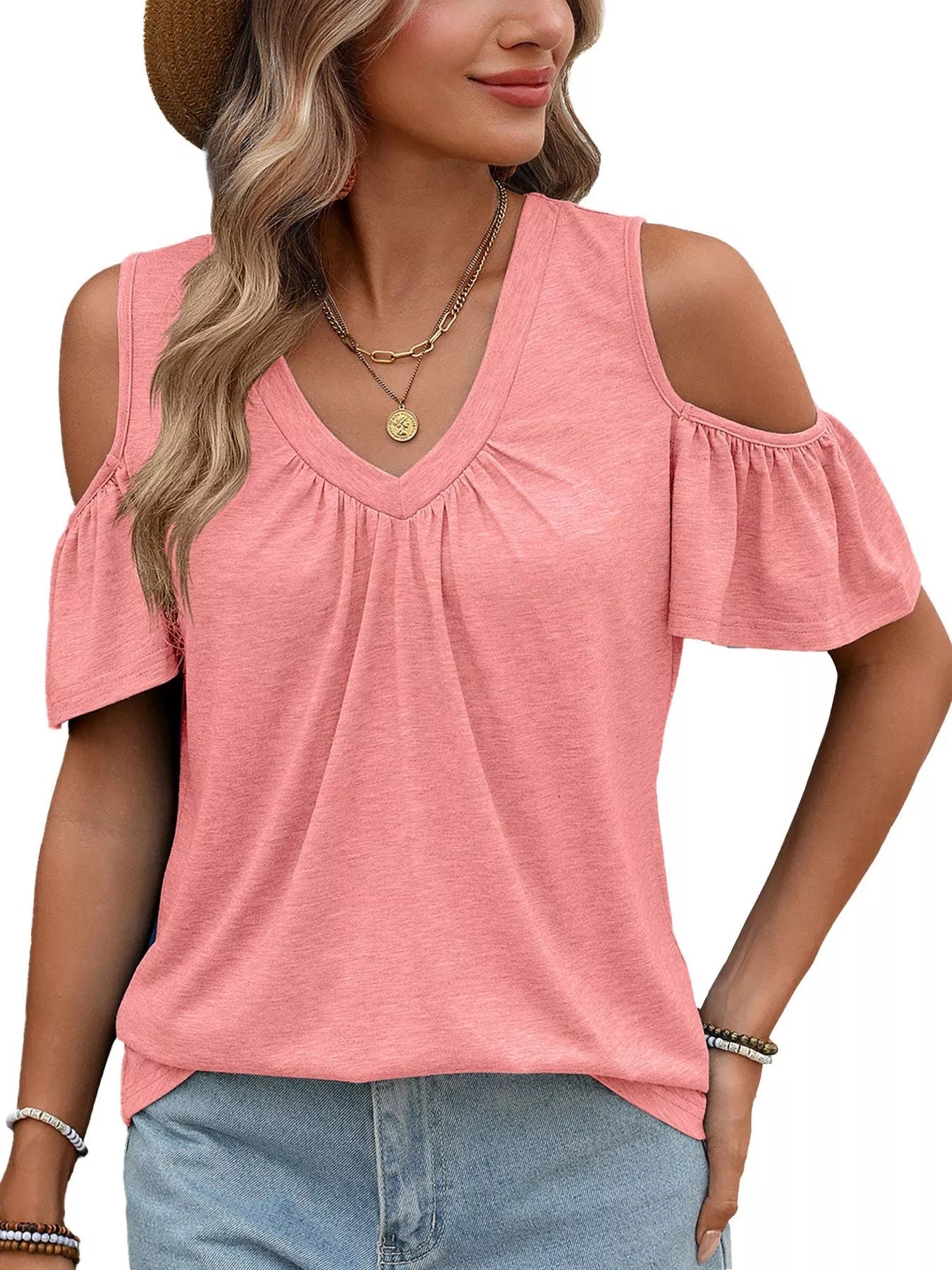 Cold Shoulder Ruched V-Neck Top | 7 Colours | S–2XL - ShopNQlik