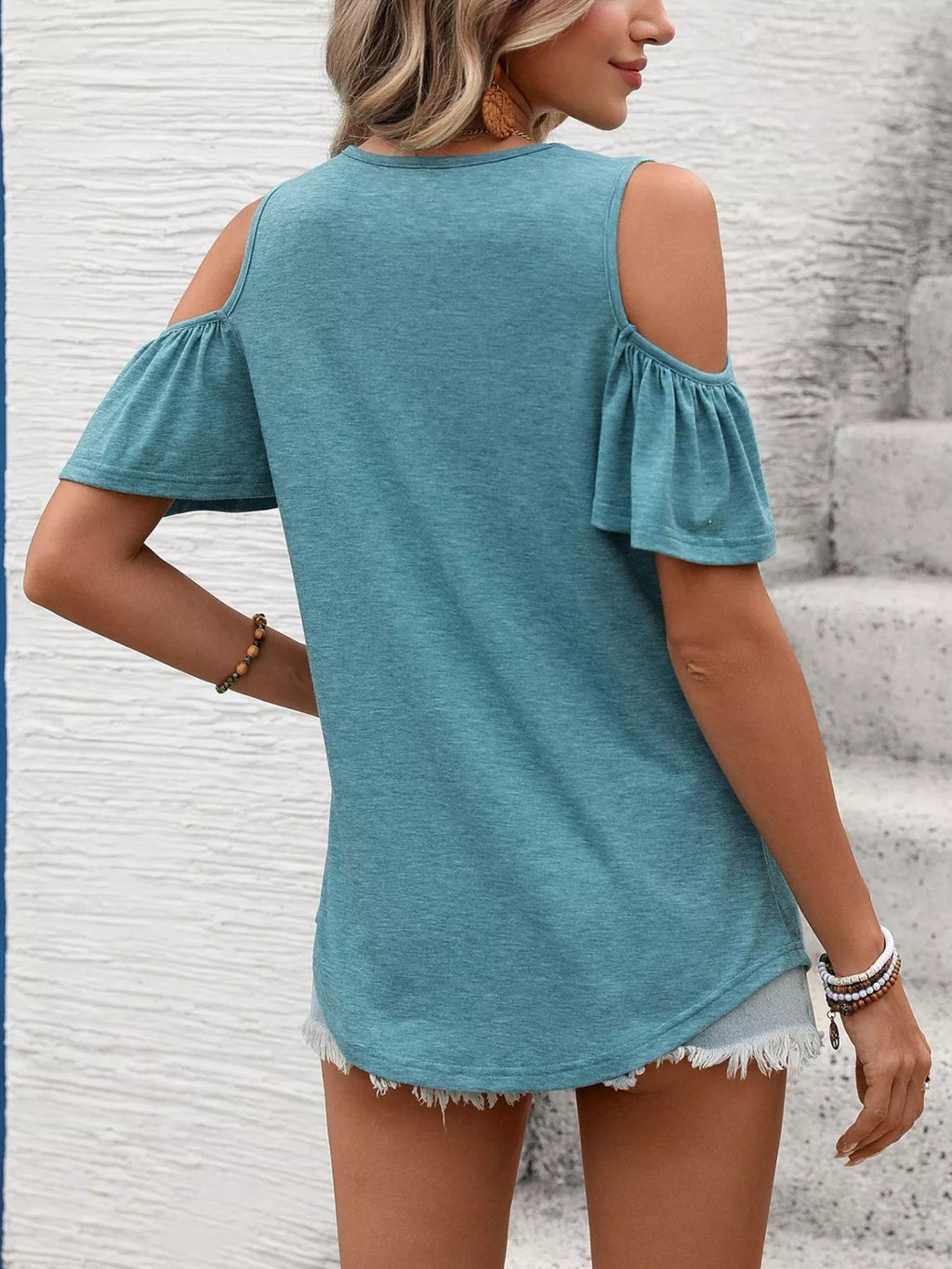 Cold Shoulder Ruched V-Neck Top | 7 Colours | S–2XL - ShopNQlik