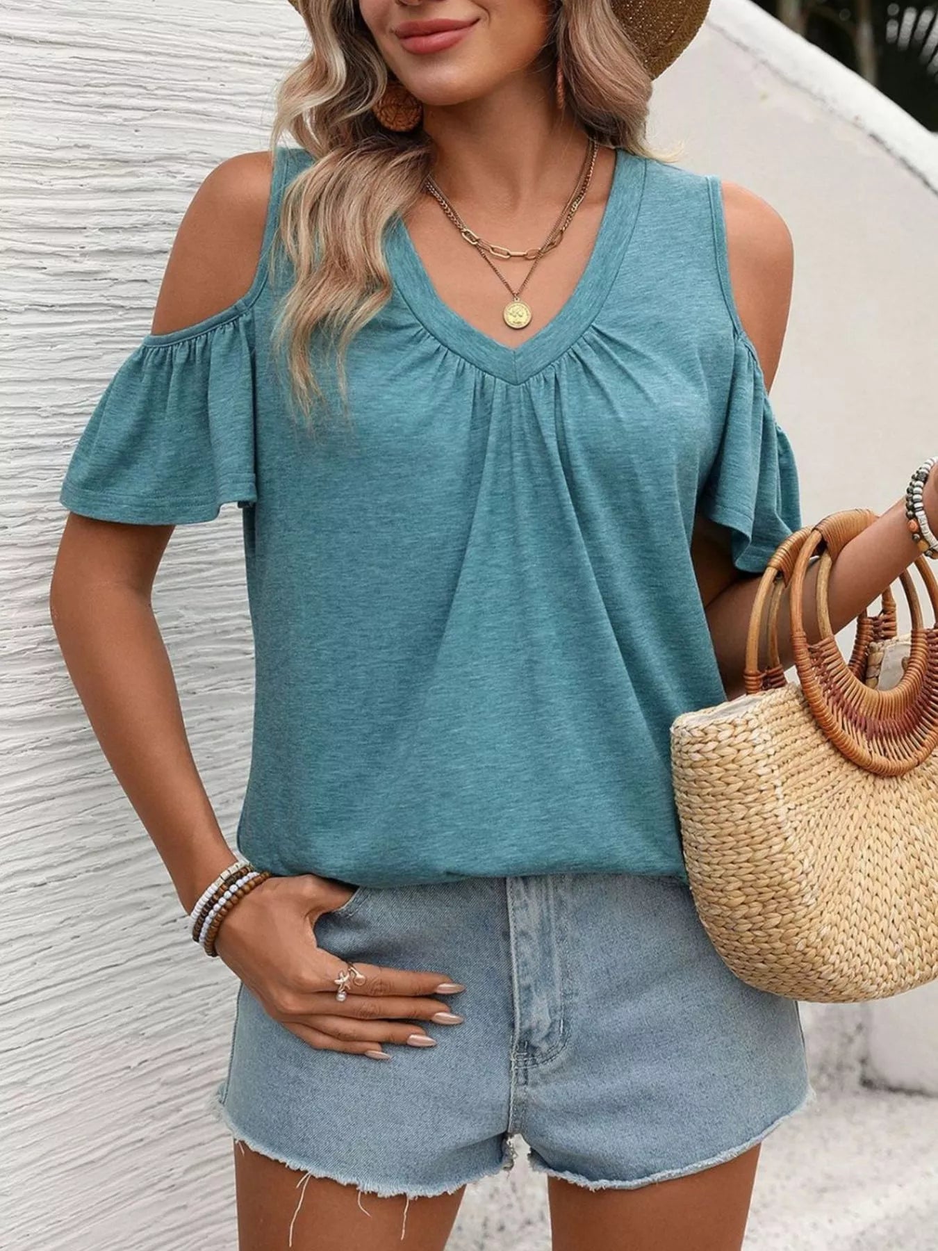 Cold Shoulder Ruched V-Neck Top | 7 Colours | S–2XL - ShopNQlik