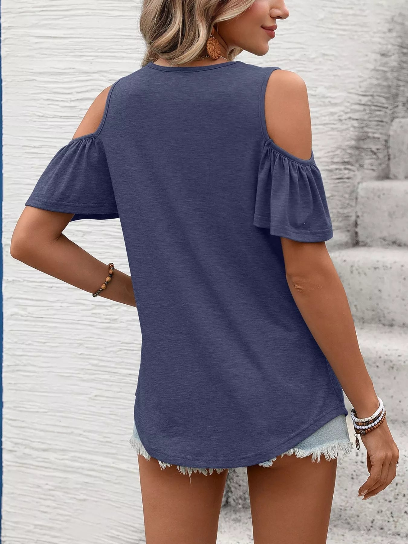 Cold Shoulder Ruched V-Neck Top | 7 Colours | S–2XL - ShopNQlik