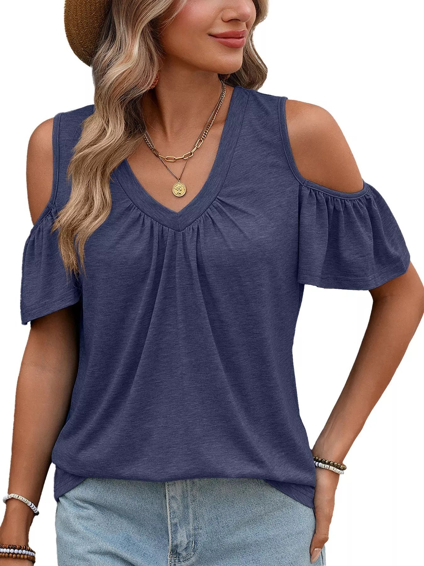 Cold Shoulder Ruched V-Neck Top | 7 Colours | S–2XL - ShopNQlik