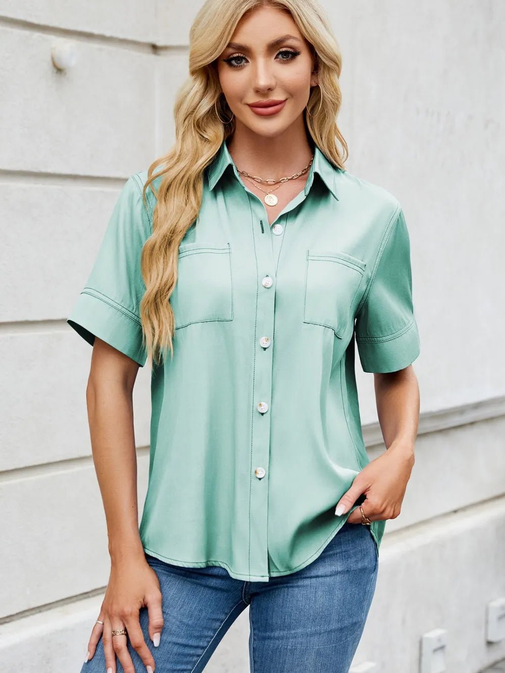 Collared Neck Short Sleeve Shirt - ShopNQlik