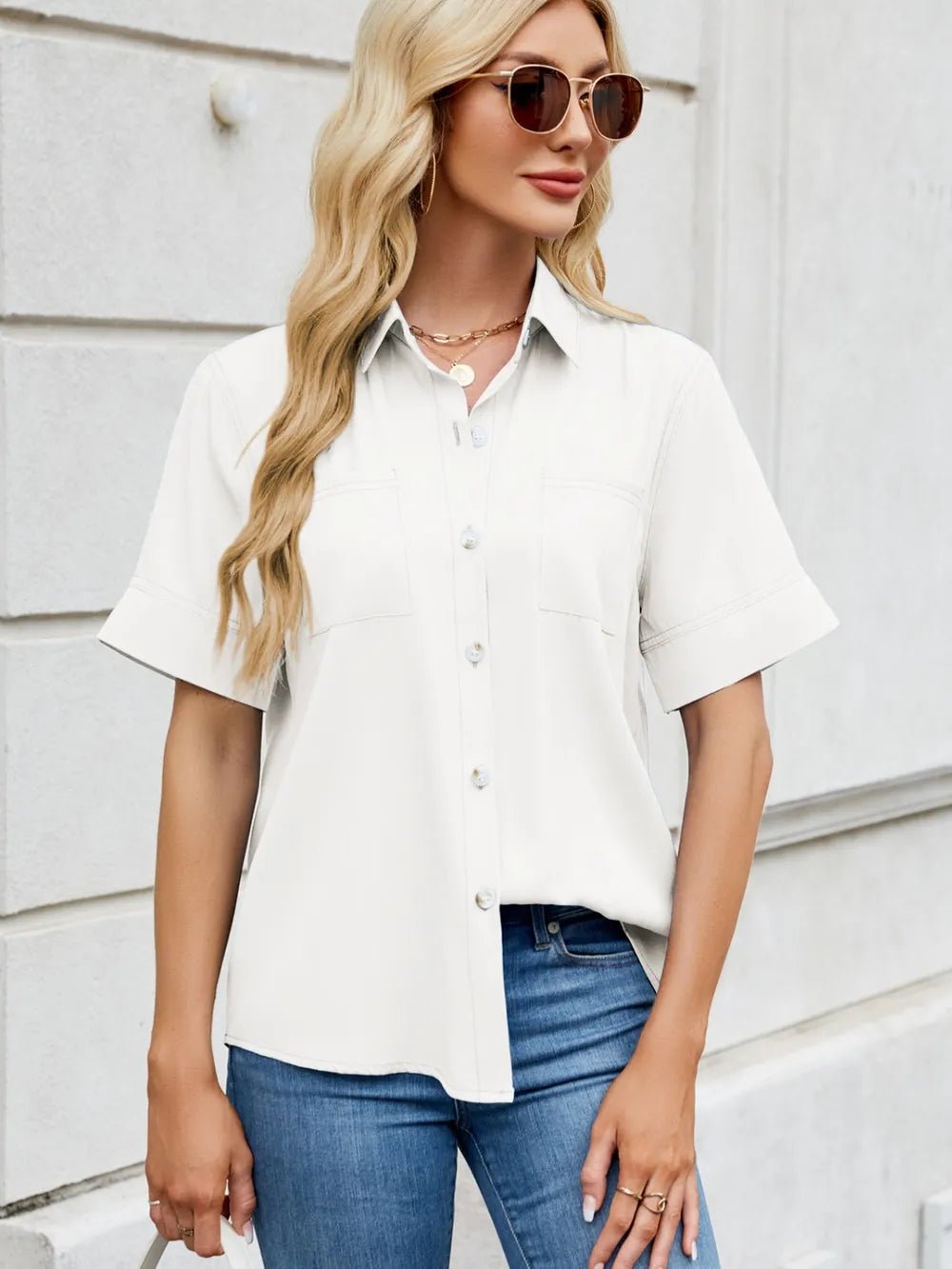 Collared Neck Short Sleeve Shirt - ShopNQlik