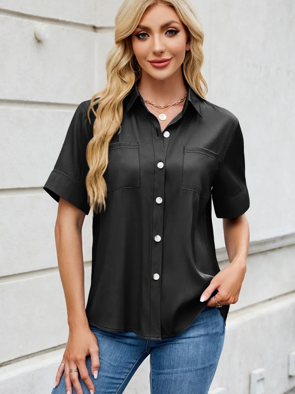 Collared Neck Short Sleeve Shirt - ShopNQlik