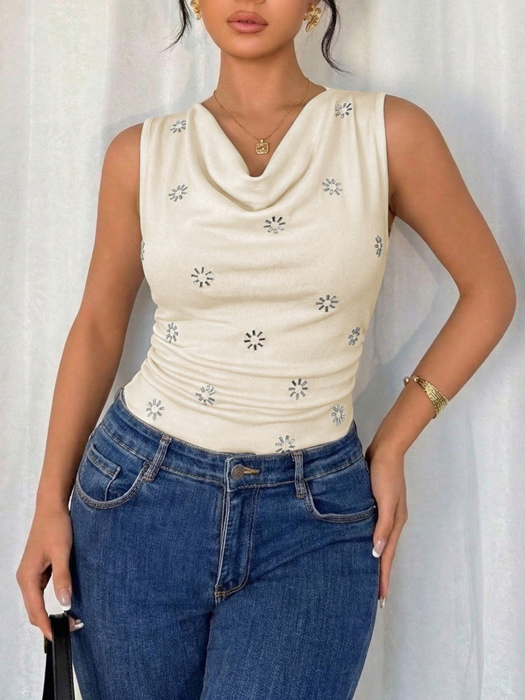 Cowl Neck Sleeveless Bodysuit – Stretch Fit, Apricot - ShopNQlik