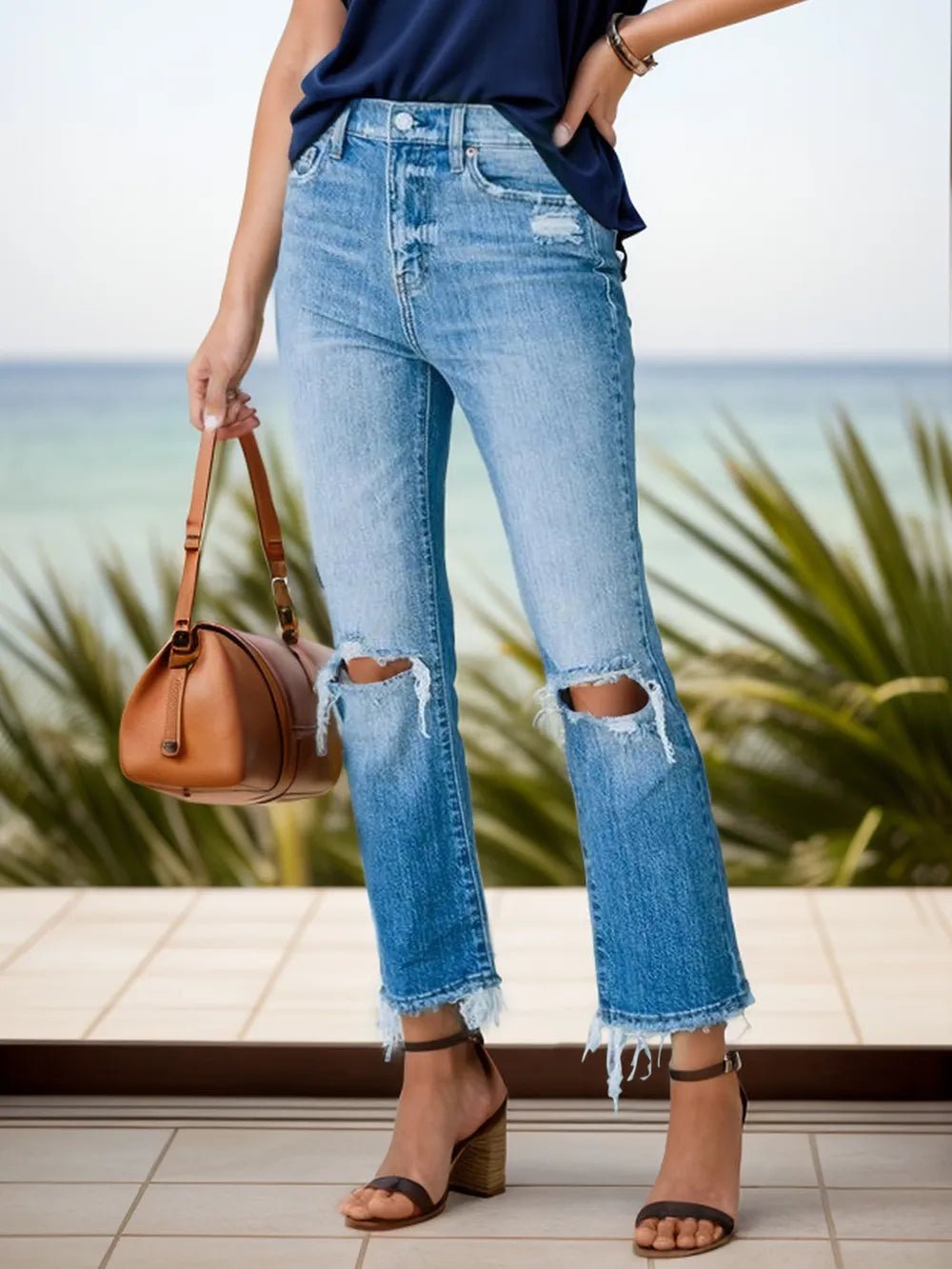 Distressed Raw Hem Jeans with Pockets - ShopNQlik