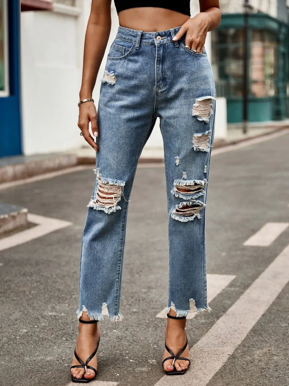Distressed Raw Hem Jeans with Pockets - ShopNQlik