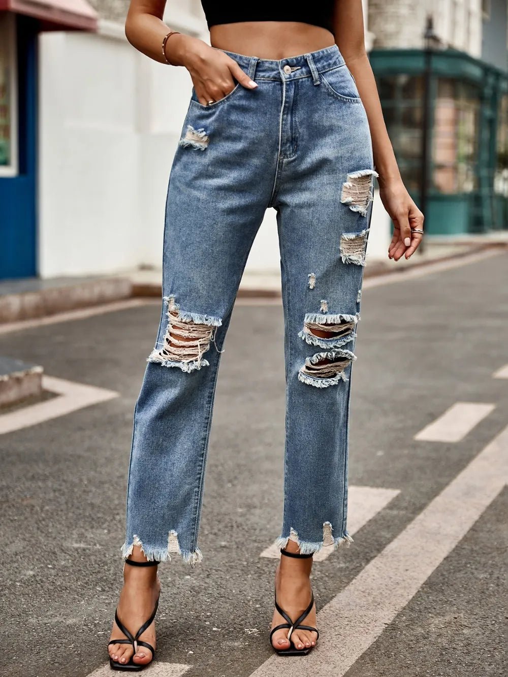 Distressed Raw Hem Jeans with Pockets - ShopNQlik