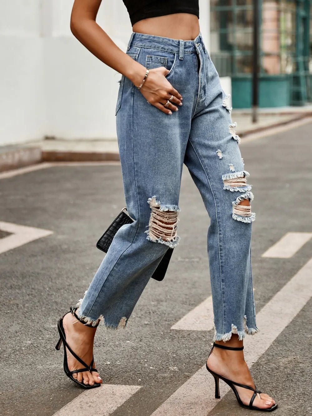 Distressed Raw Hem Jeans with Pockets - ShopNQlik