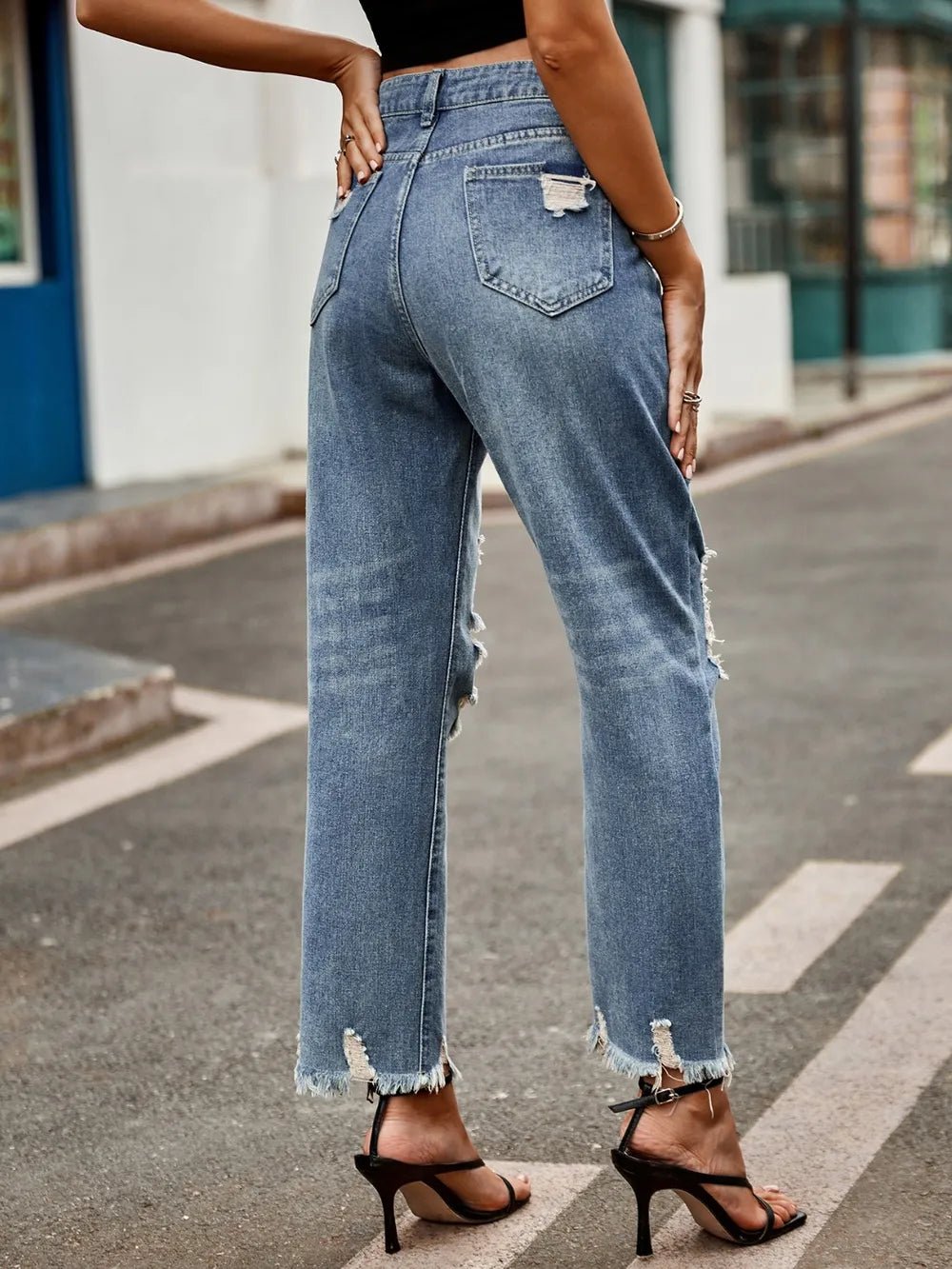 Distressed Raw Hem Jeans with Pockets - ShopNQlik
