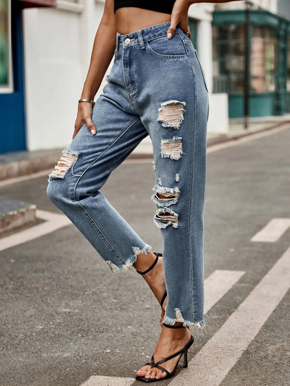 Distressed Raw Hem Jeans with Pockets - ShopNQlik