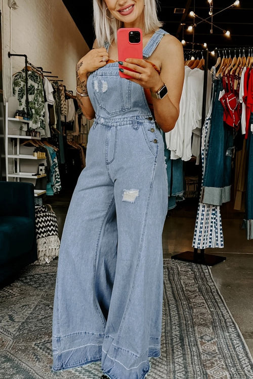 Distressed Wide Leg Denim Overalls - ShopNQlik