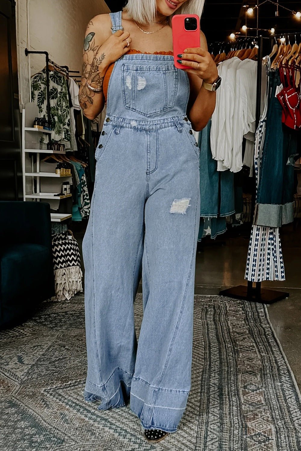 Distressed Wide Leg Denim Overalls - ShopNQlik