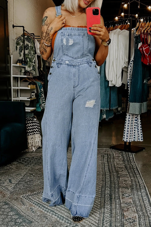 Distressed Wide Leg Denim Overalls - ShopNQlik