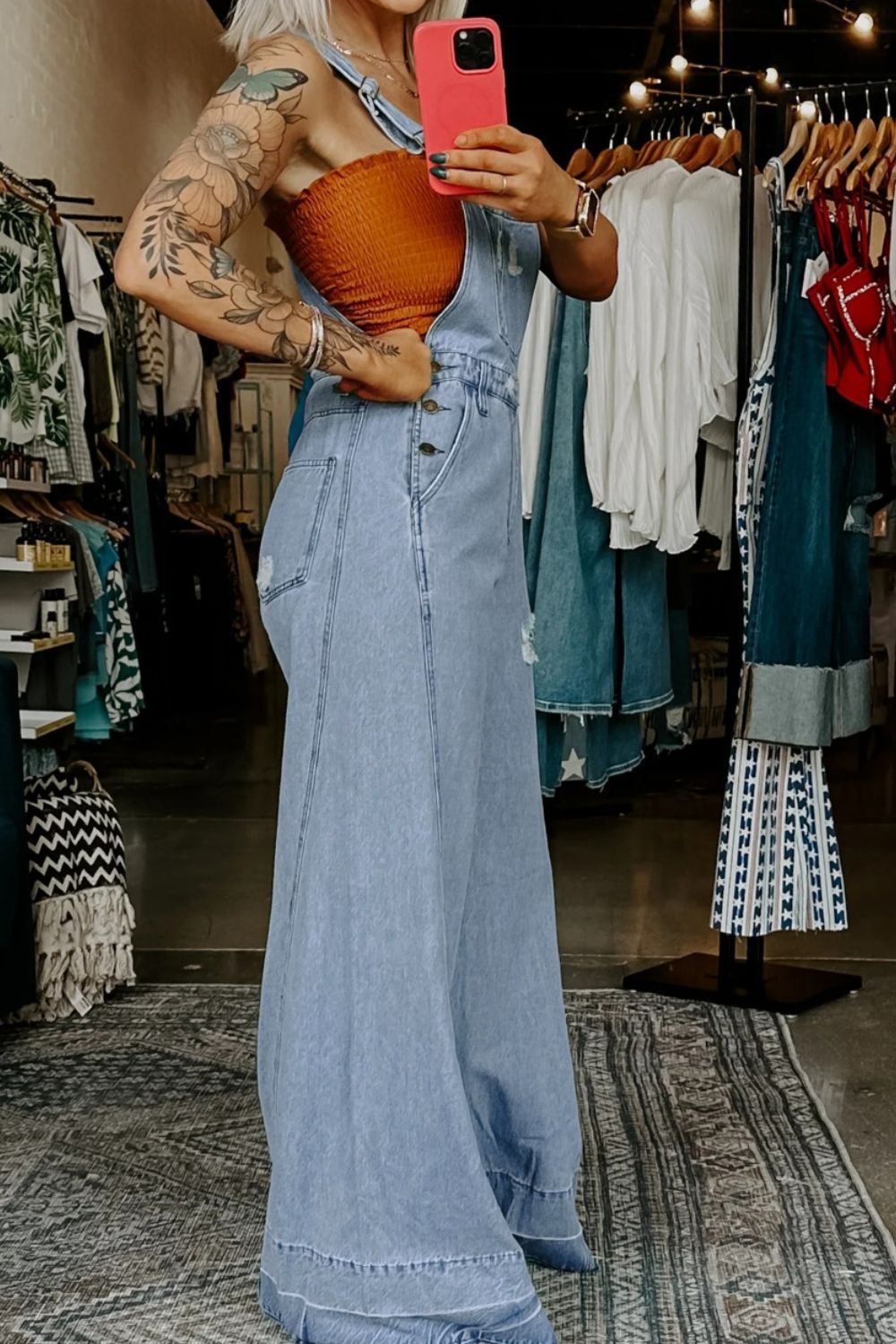 Distressed Wide Leg Denim Overalls - ShopNQlik