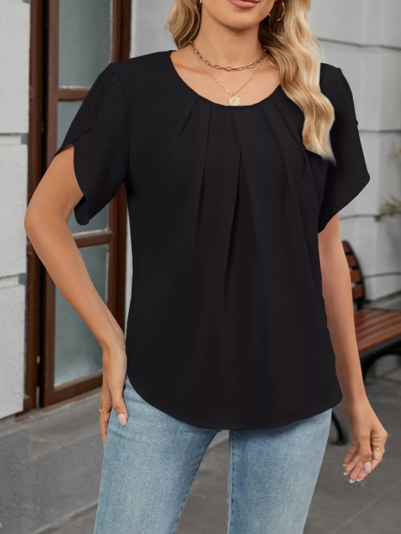 Elegant Pleated Flowy Short Sleeve Blouse - ShopNQlik