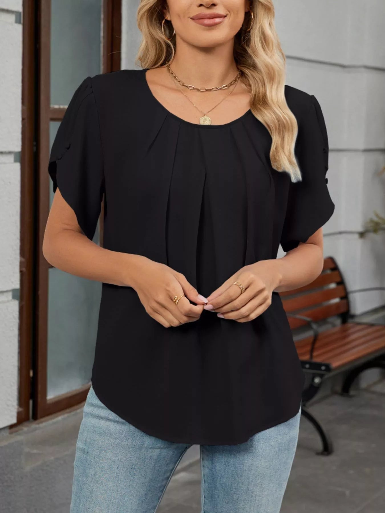 Elegant Pleated Flowy Short Sleeve Blouse - ShopNQlik