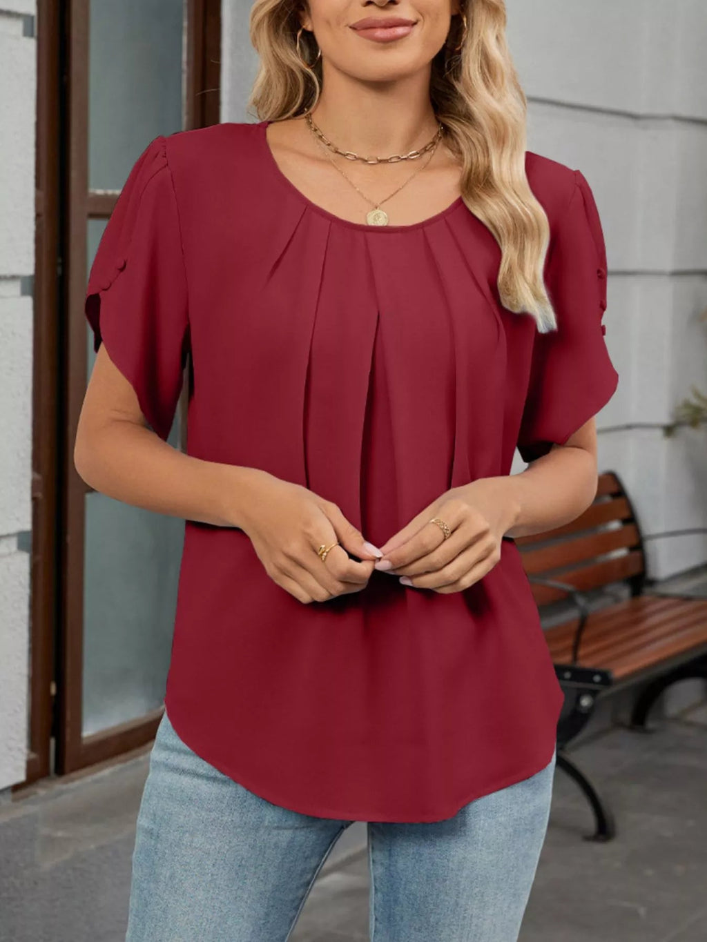 Elegant Pleated Flowy Short Sleeve Blouse - ShopNQlik