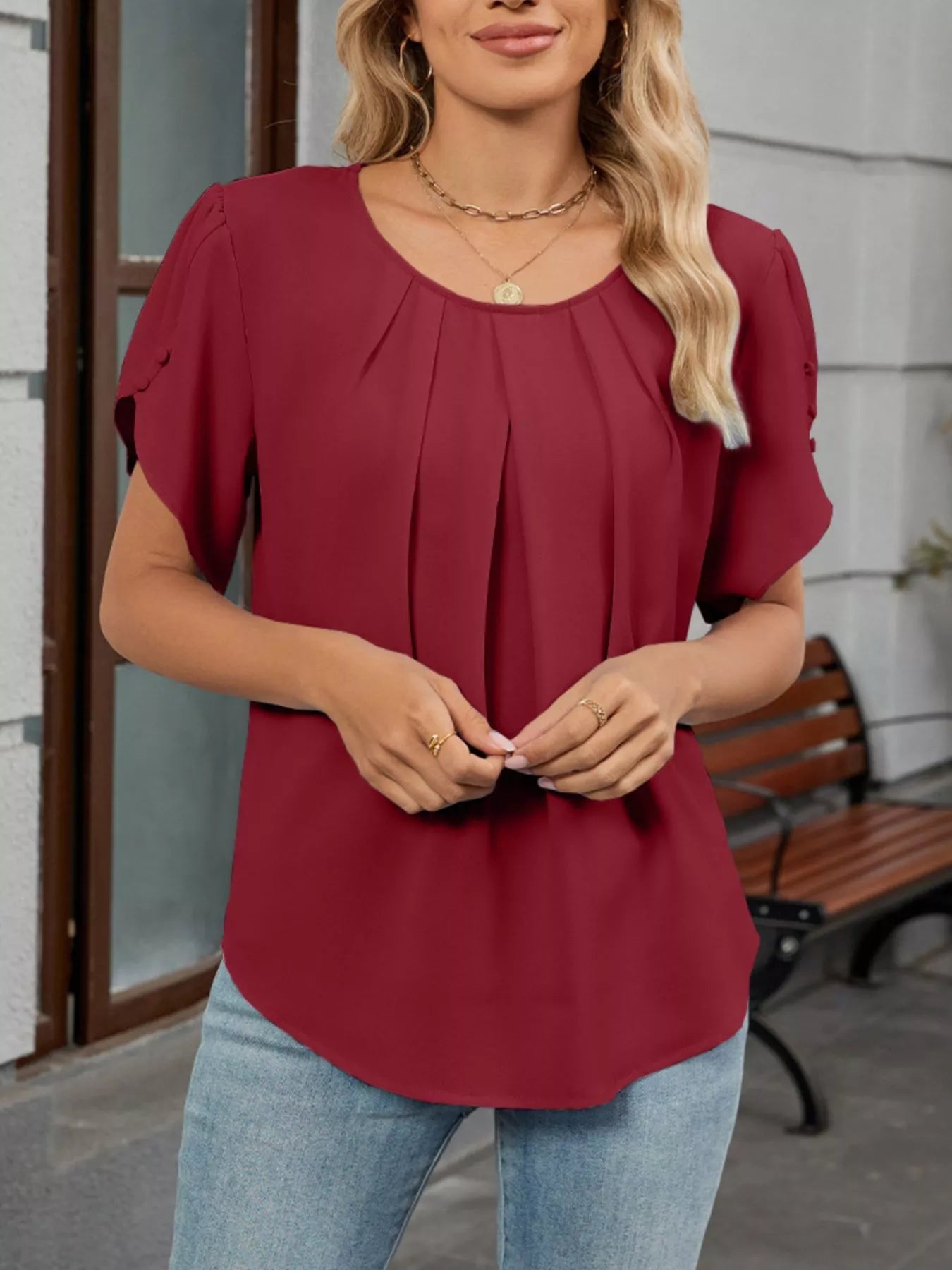 Elegant Pleated Flowy Short Sleeve Blouse - ShopNQlik