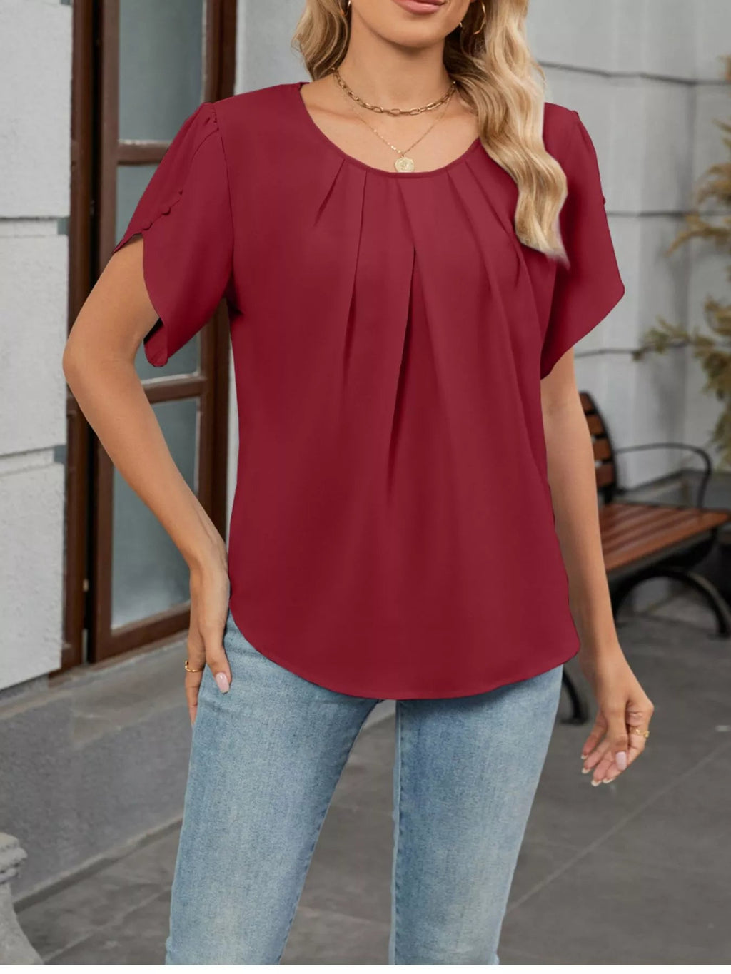 Elegant Pleated Flowy Short Sleeve Blouse - ShopNQlik