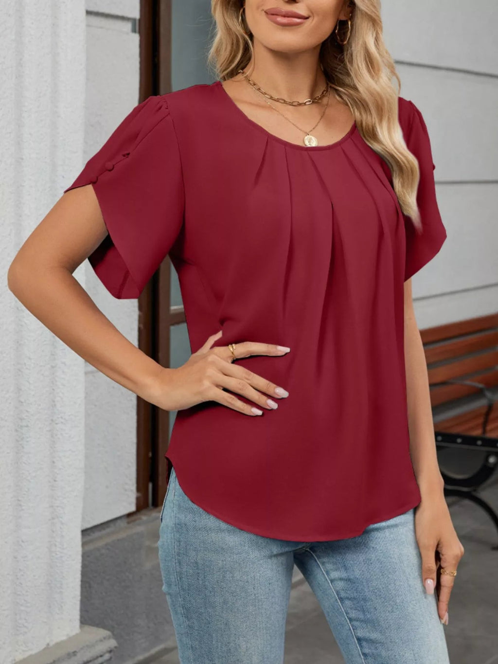 Elegant Pleated Flowy Short Sleeve Blouse - ShopNQlik