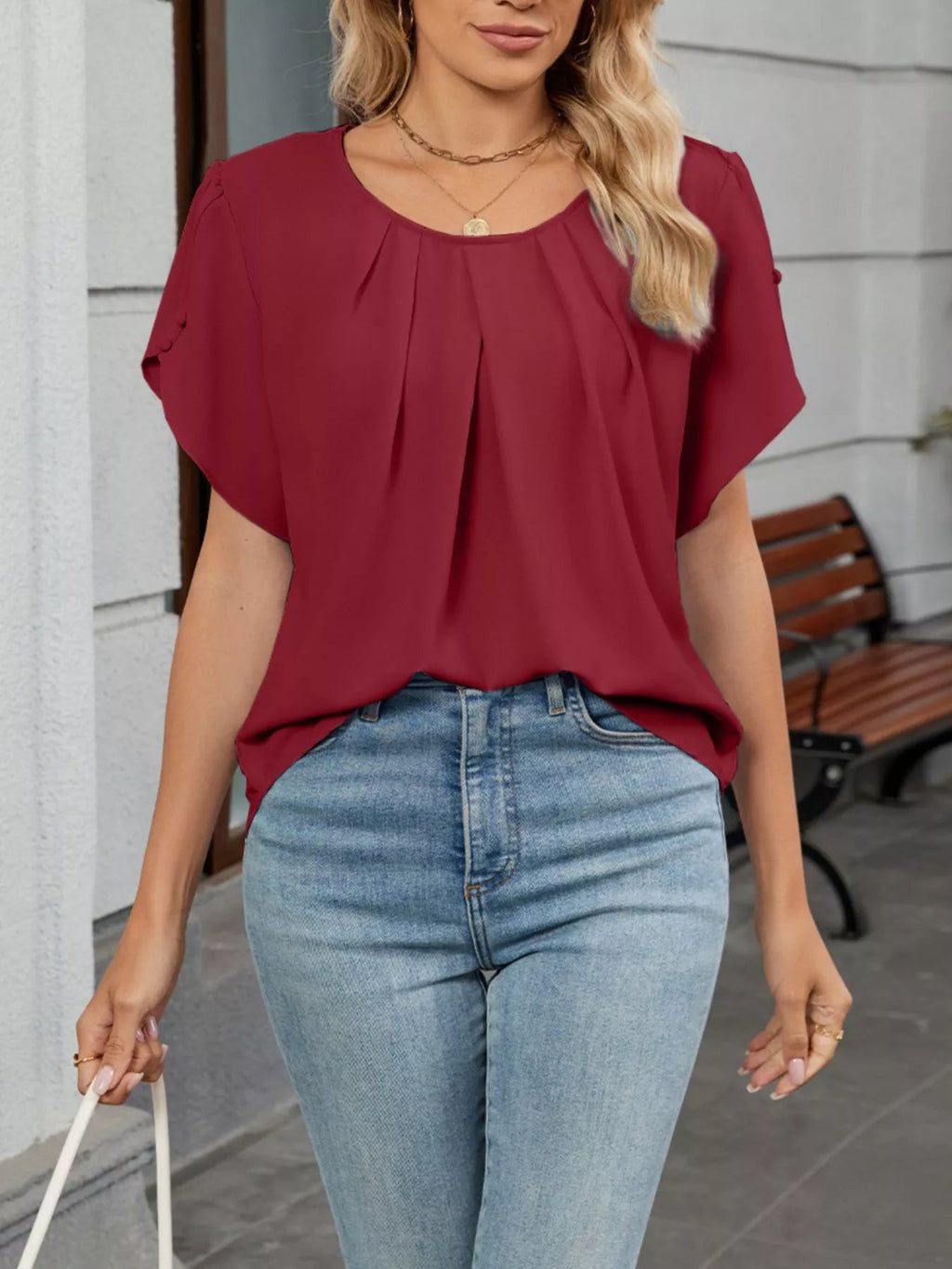 Elegant Pleated Flowy Short Sleeve Blouse - ShopNQlik