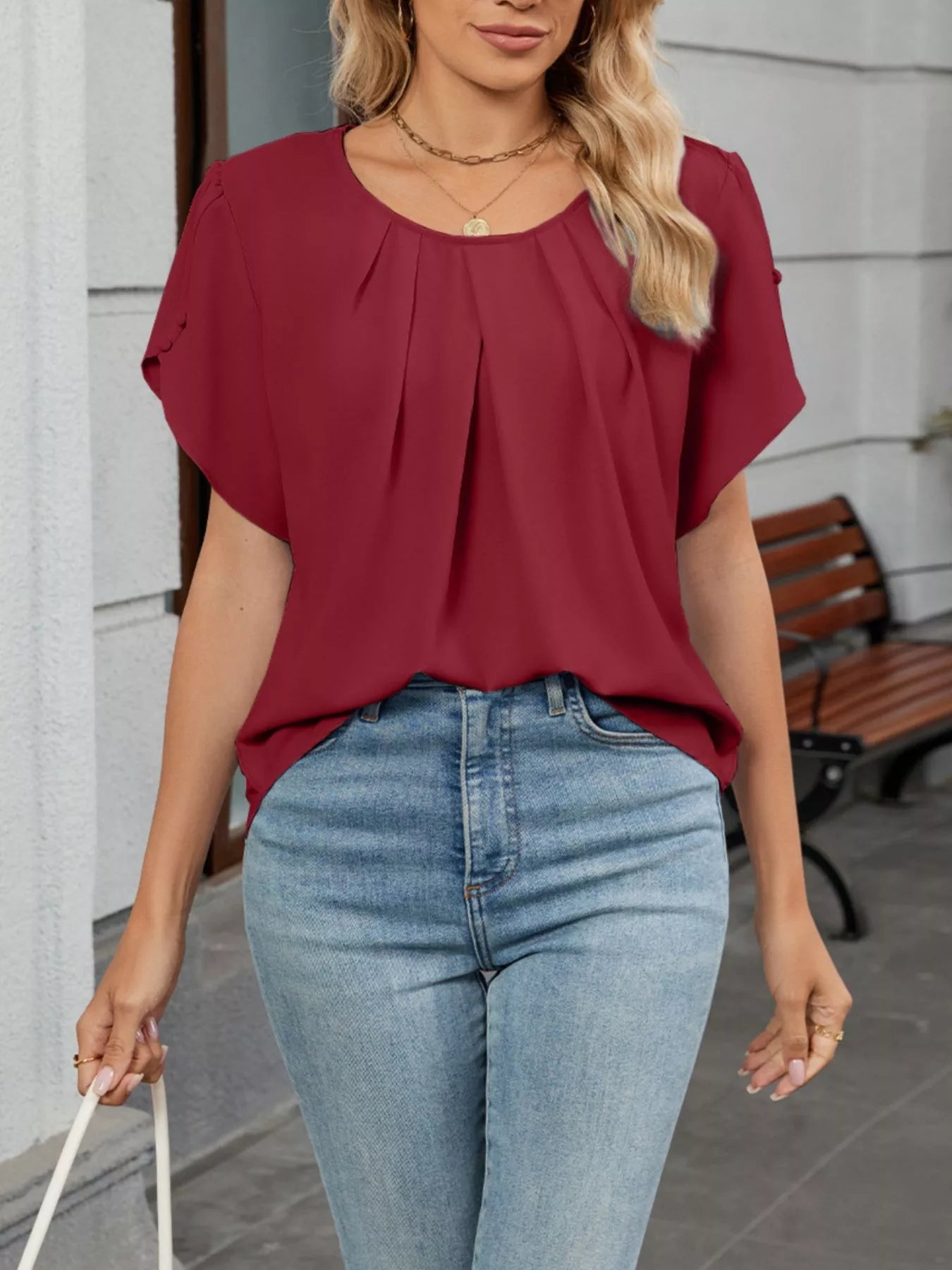 Elegant Pleated Flowy Short Sleeve Blouse - ShopNQlik