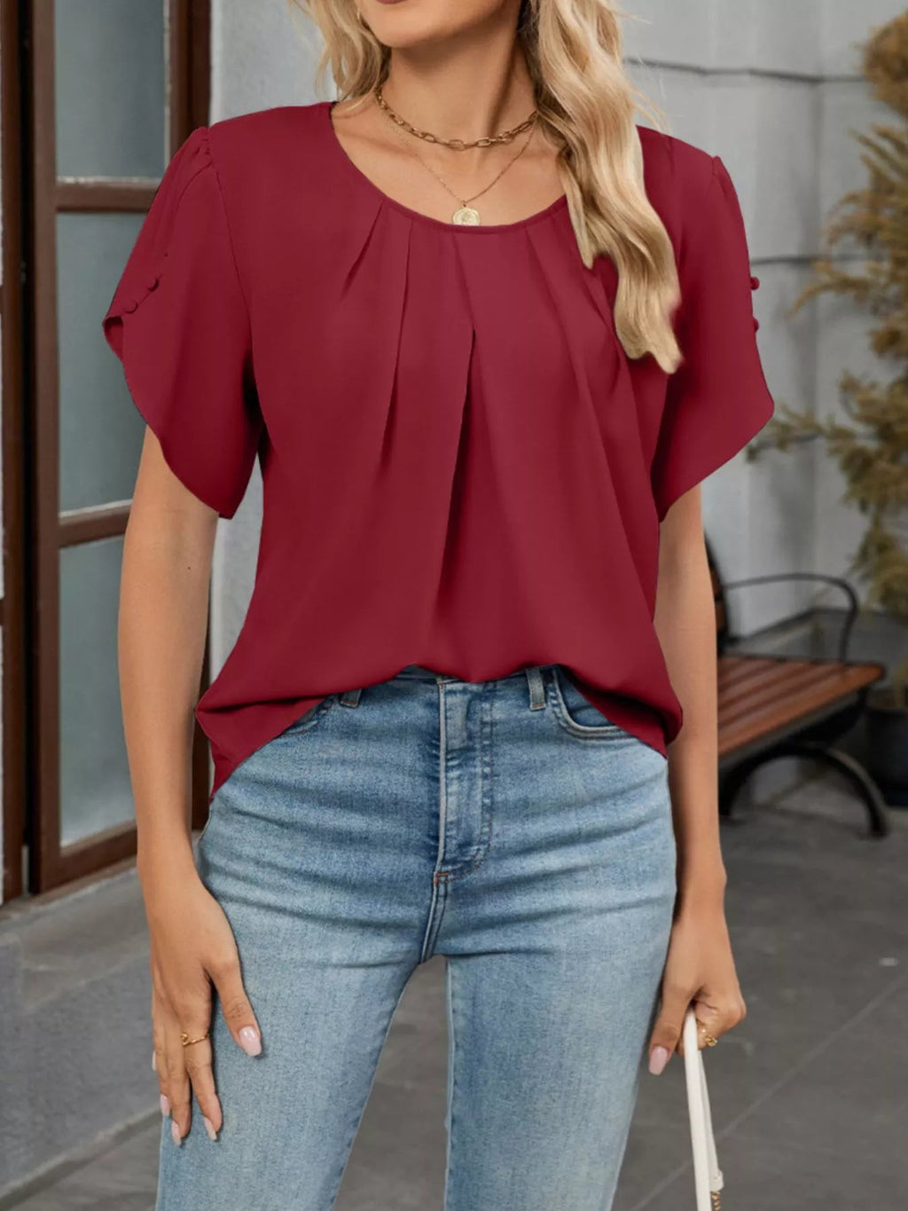 Elegant Pleated Flowy Short Sleeve Blouse - ShopNQlik