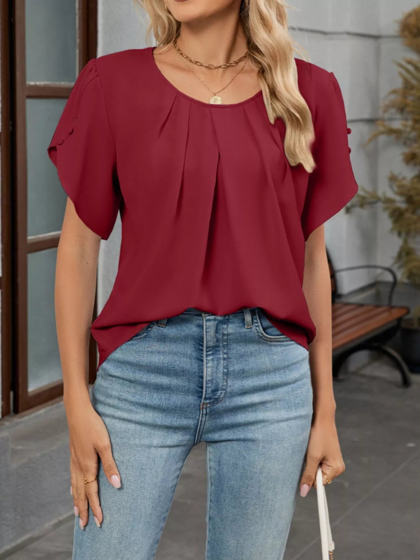 Elegant Pleated Flowy Short Sleeve Blouse - ShopNQlik