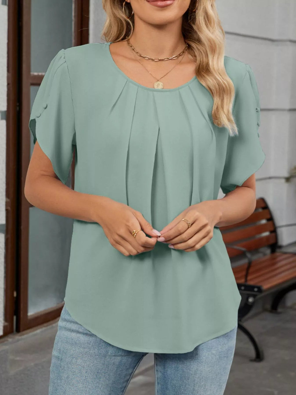 Elegant Pleated Flowy Short Sleeve Blouse - ShopNQlik