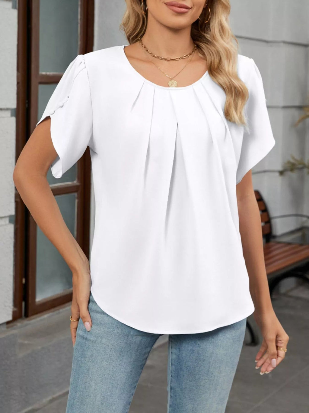 Elegant Pleated Flowy Short Sleeve Blouse - ShopNQlik