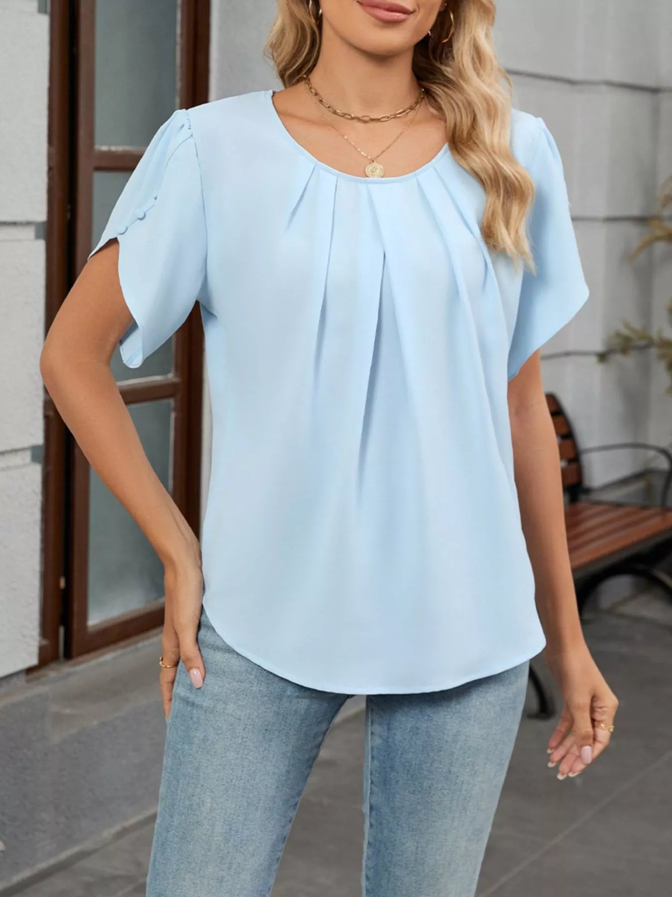 Elegant Pleated Flowy Short Sleeve Blouse - ShopNQlik