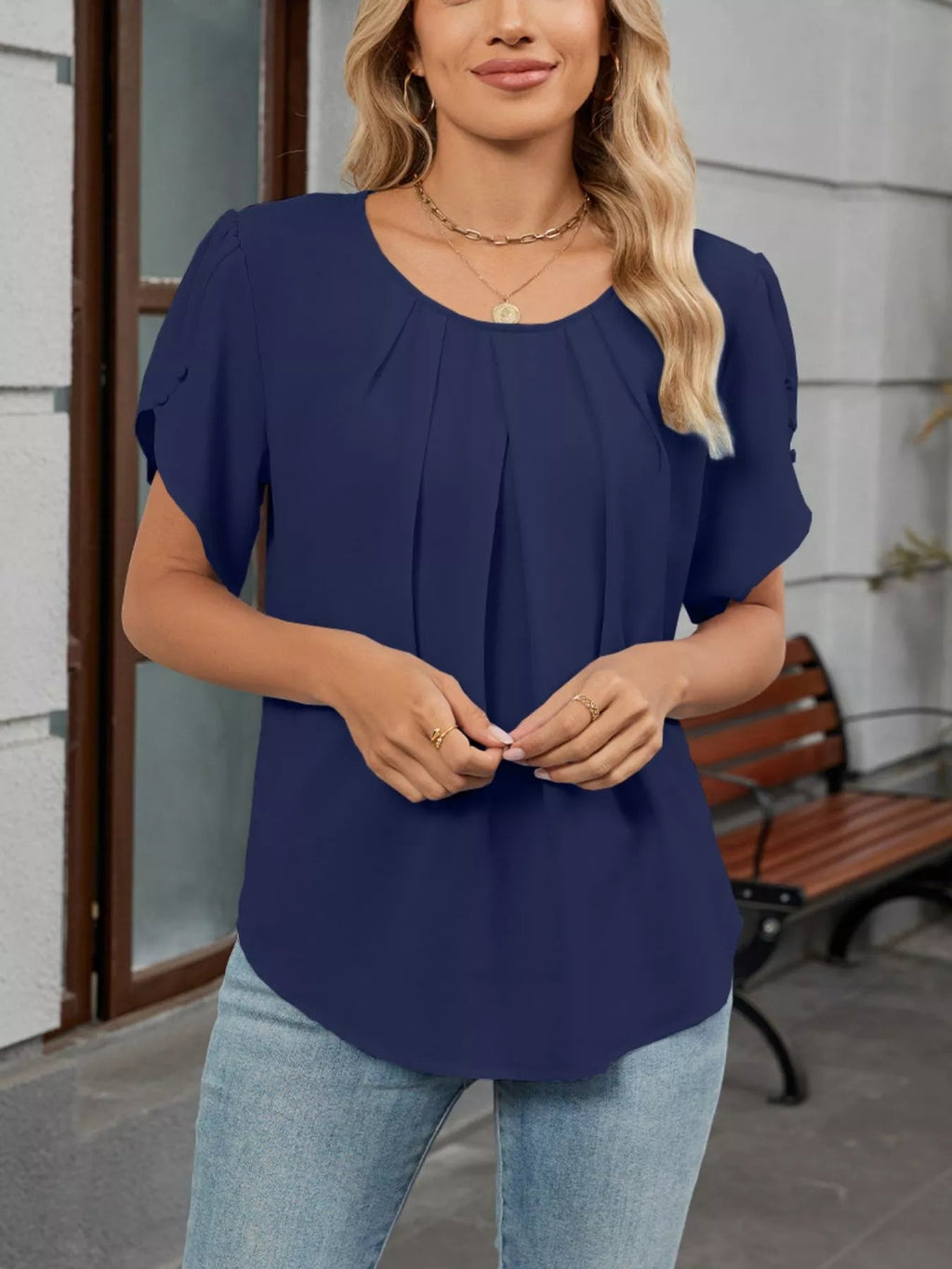 Elegant Pleated Flowy Short Sleeve Blouse - ShopNQlik