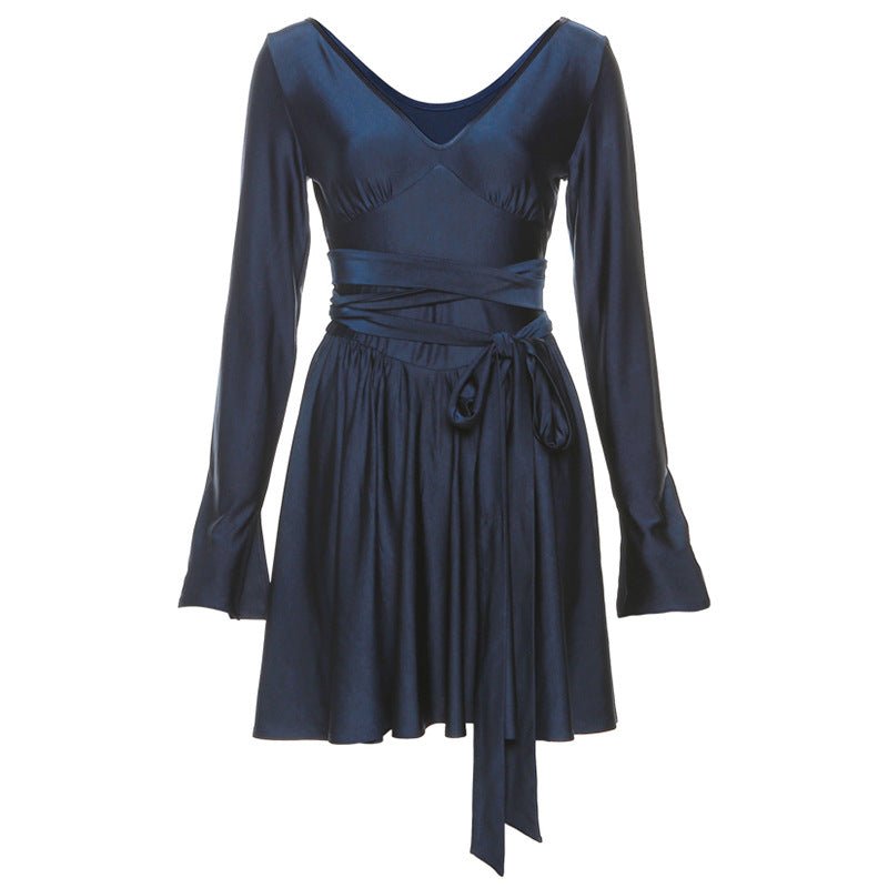 Fashionable V-Neck Backless Dress with Waist Tie - ShopNQlik