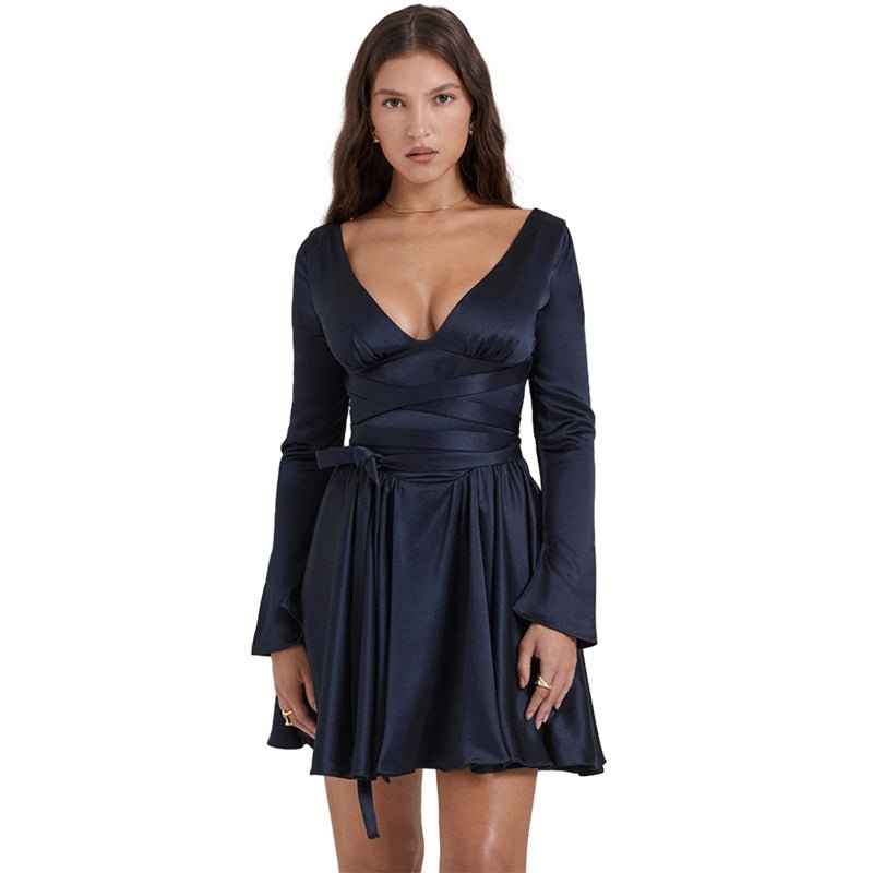 Fashionable V-Neck Backless Dress with Waist Tie - ShopNQlik