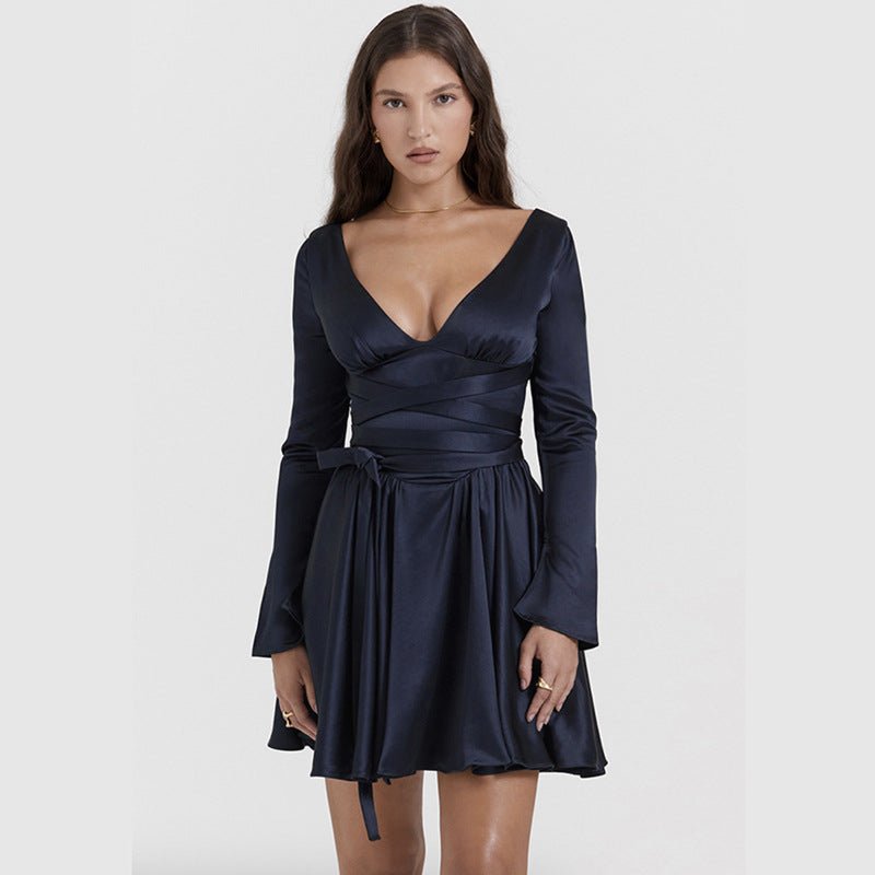 Fashionable V-Neck Backless Dress with Waist Tie - ShopNQlik