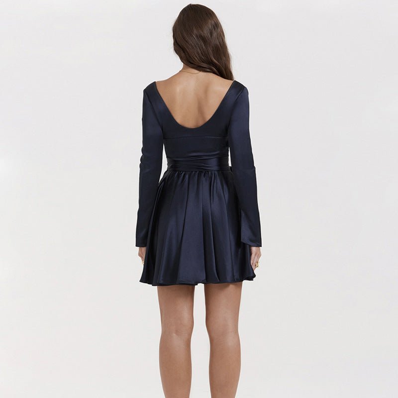 Fashionable V-Neck Backless Dress with Waist Tie - ShopNQlik