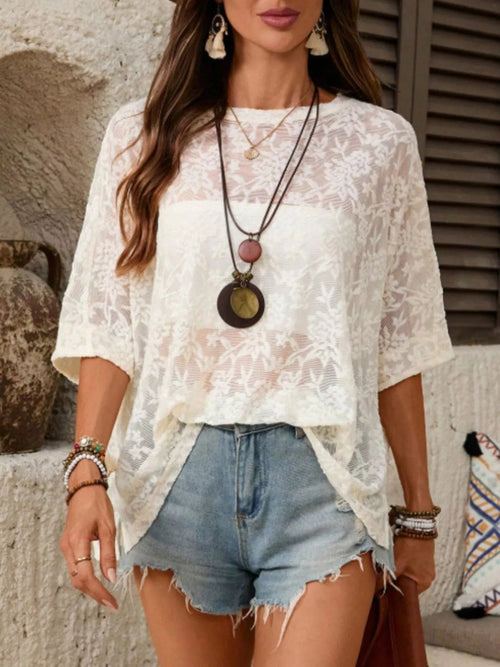 Floral Lace Sheer Round Neck Top - ShopNQlik