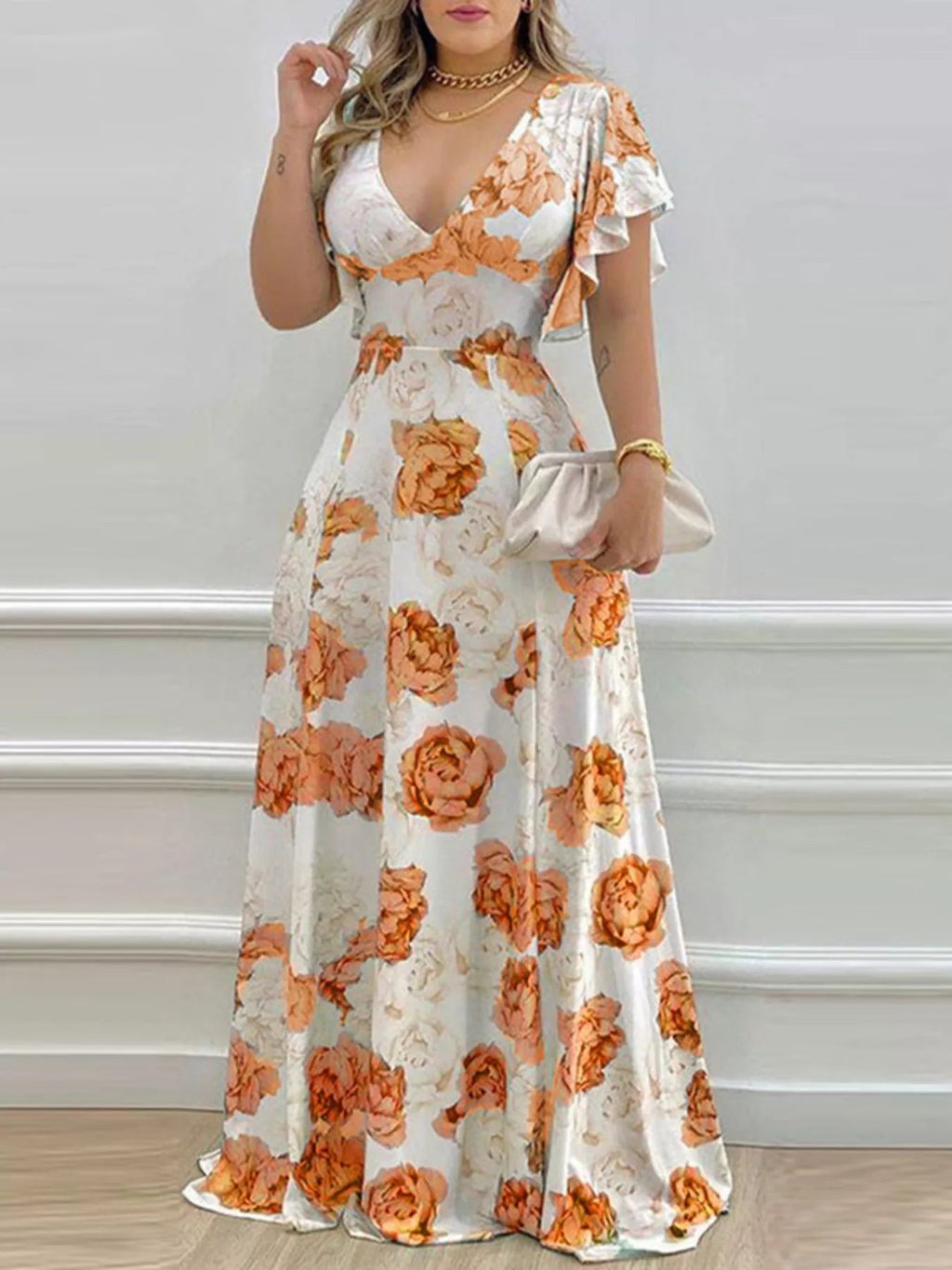 Floral Ruffle Sleeve Maxi Dress | V-Neck | Teal, Pumpkin & Fuchsia - ShopNQlik
